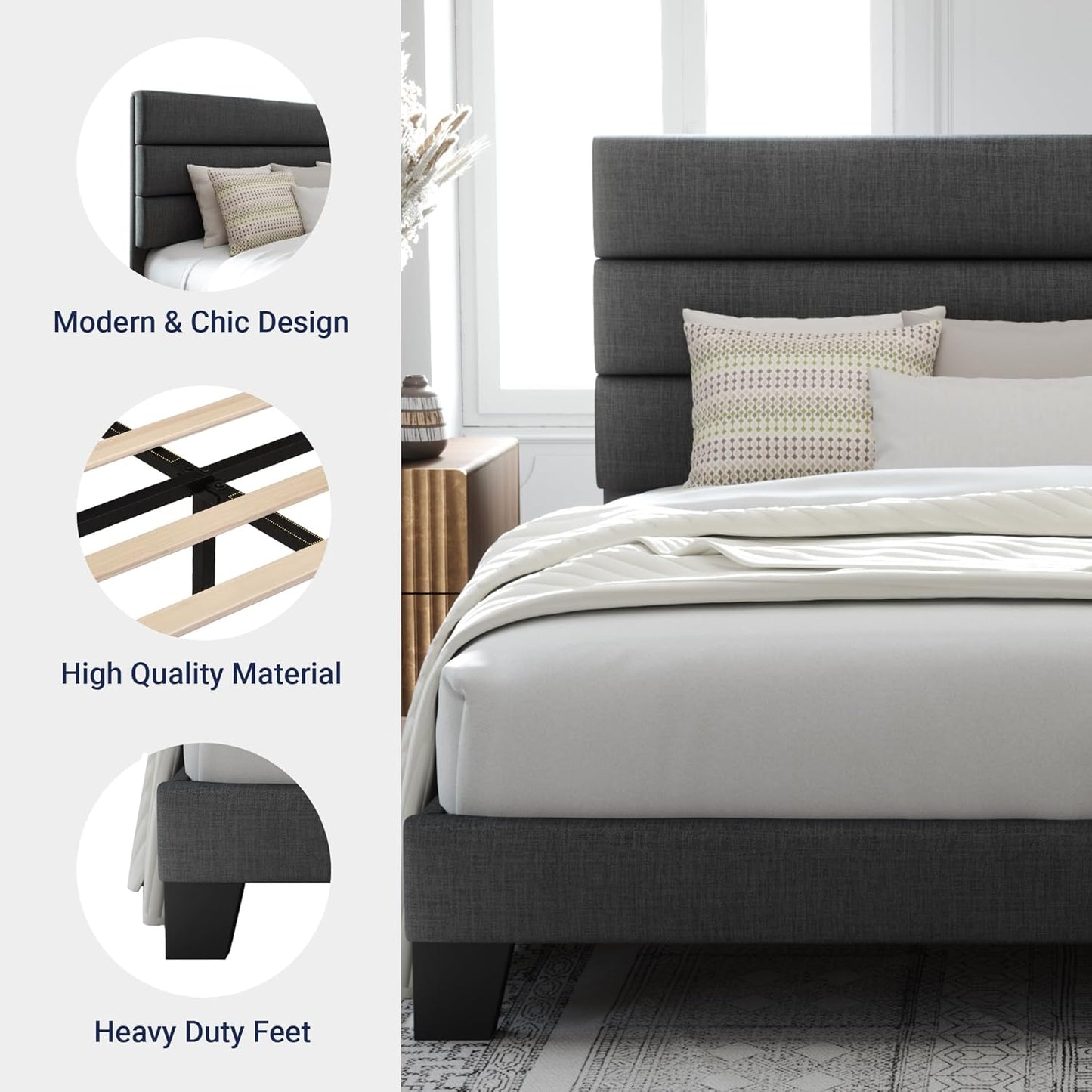 Allewie Modern Dark Grey Queen Upholstered Bed Frame with Wooden Slat Support