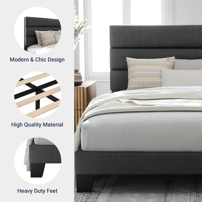 Allewie Modern Dark Grey Queen Upholstered Bed Frame with Wooden Slat Support