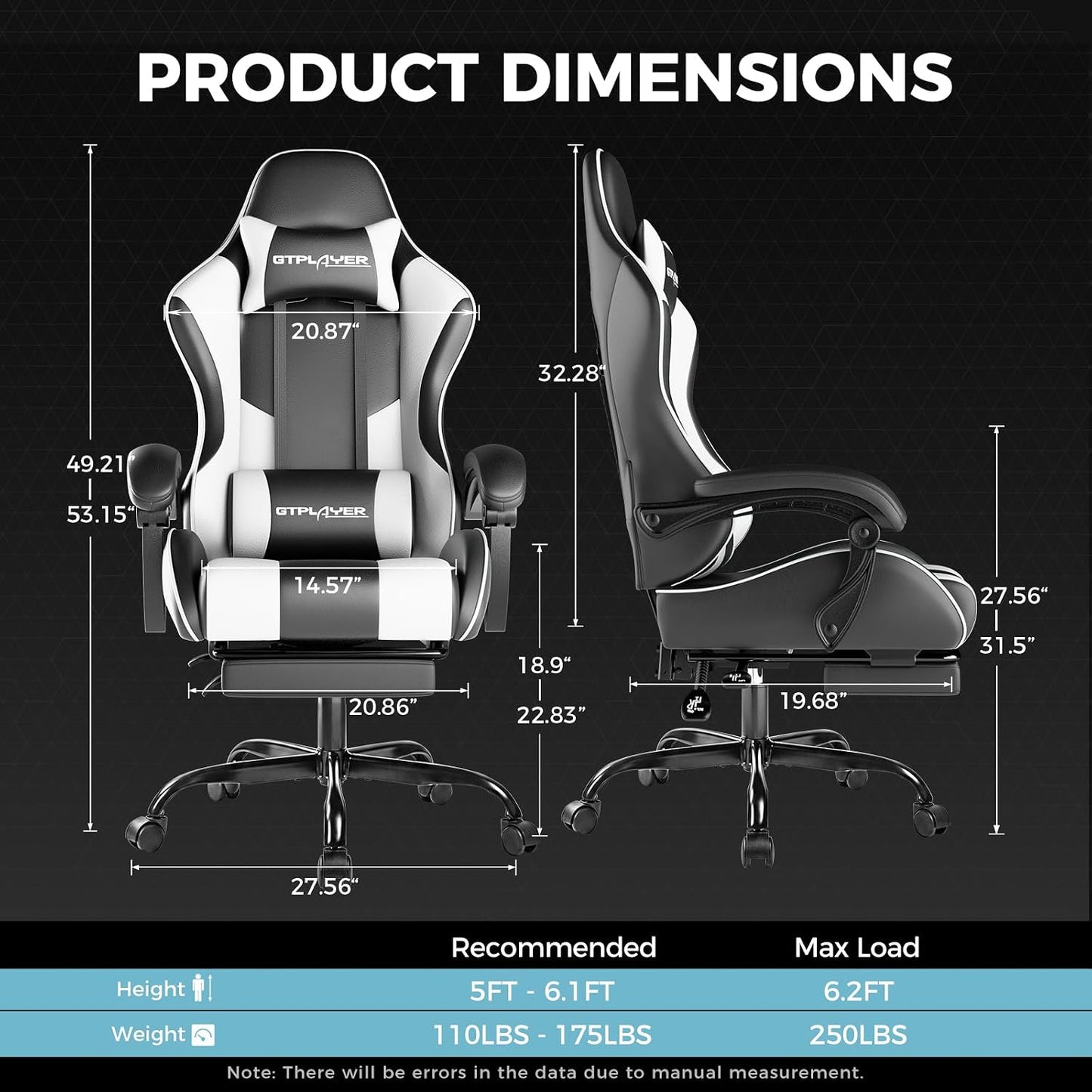 GTPLAYER Gaming Chair with Footrest & Lumbar Support – (Pearl White)