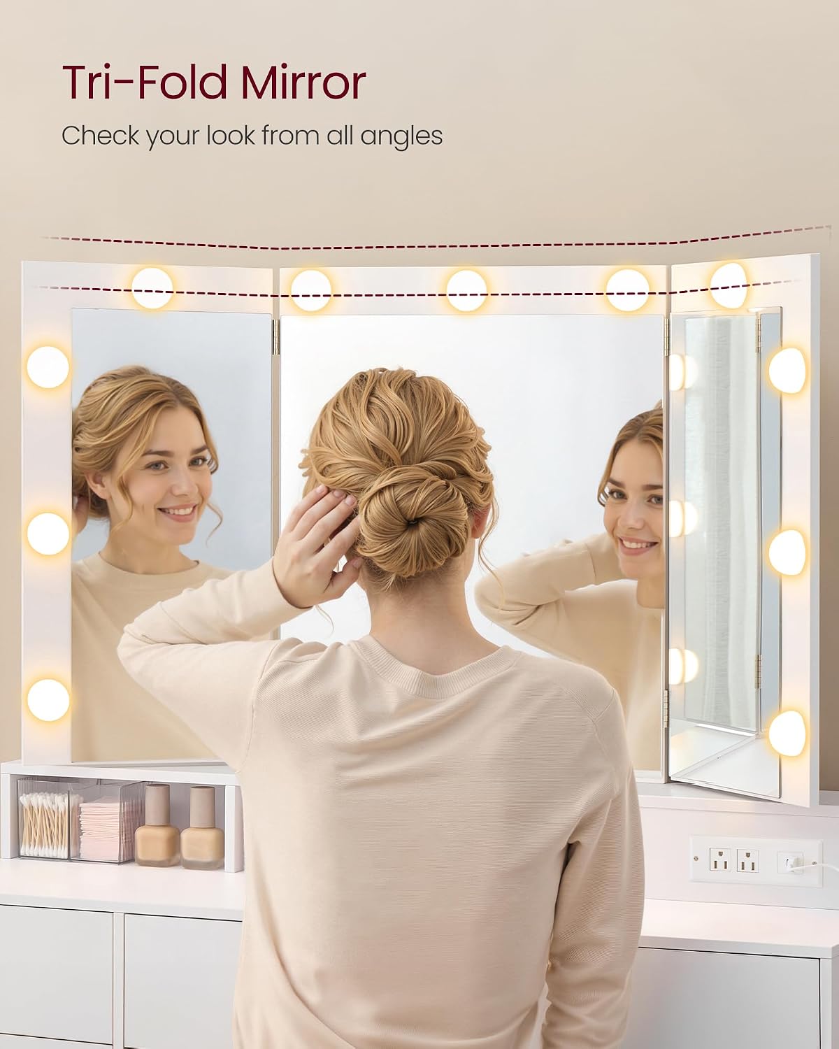 VASAGLE KAILYN 9-Drawer Vanity Desk with Tri-Fold Lighted Mirror & Power Hub – Cloud White