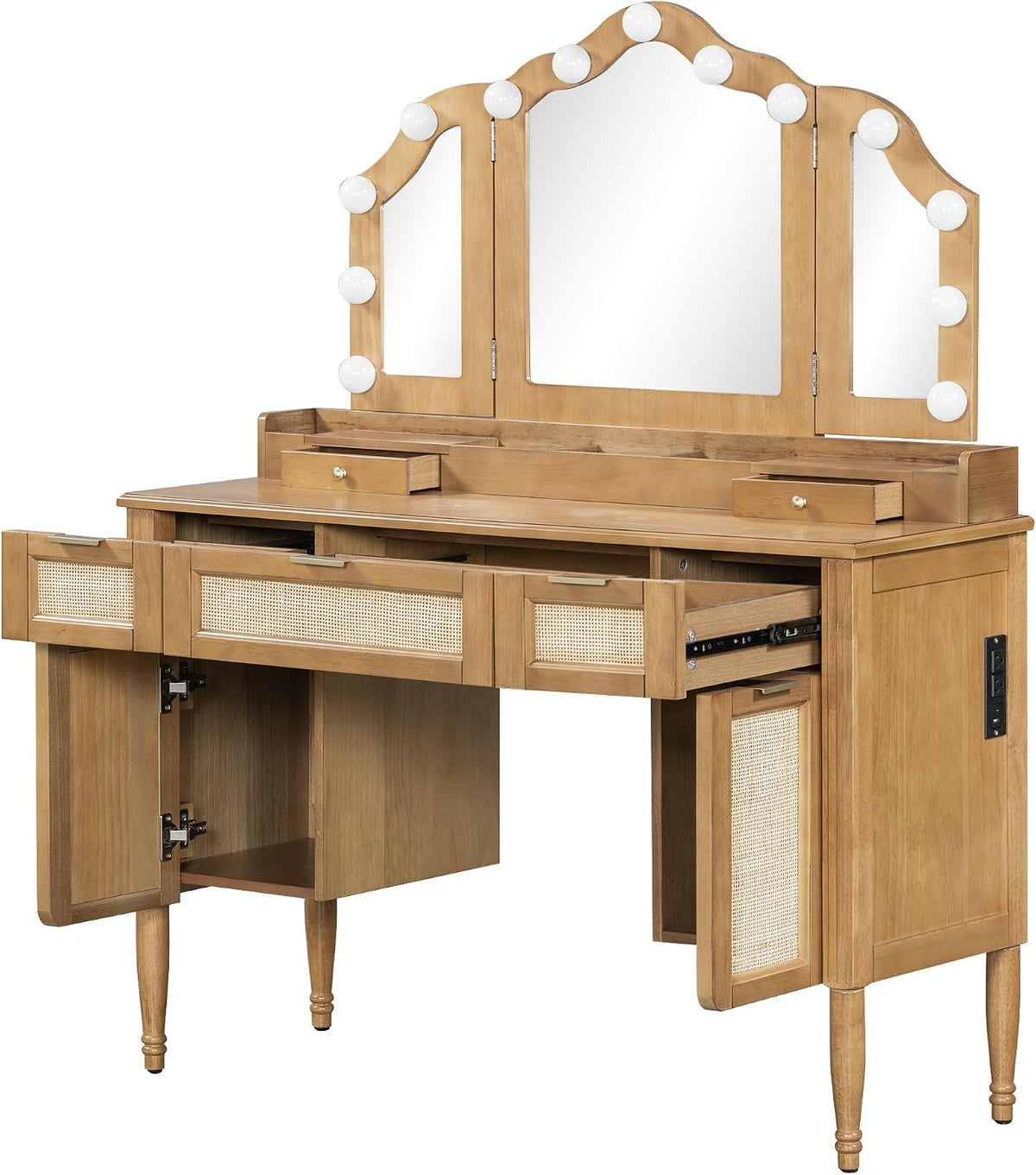 GDFStudio 44" Makeup Vanity Set with Tri-Fold Lighted Mirror & Stool – Natural Finish