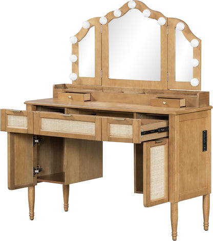 GDFStudio 44" Makeup Vanity Set with Tri-Fold Lighted Mirror & Stool – Natural Finish