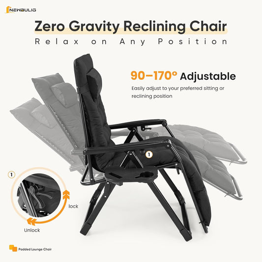 NEWBULIG Zero Gravity Recliner Chair with Cup Holder Tray & Removable Cushion – Black
