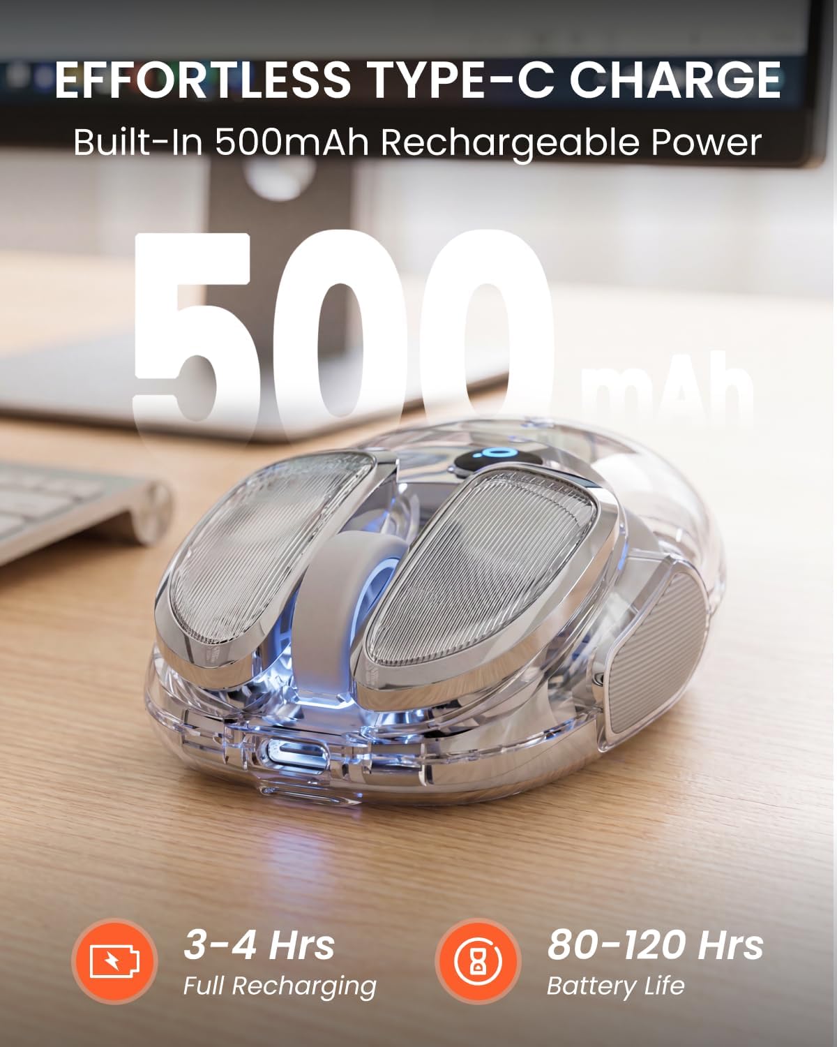 SEUNKWANG Q9 Transparent Wireless Mouse – RGB, Bluetooth & 2.4G, Rechargeable, Silver