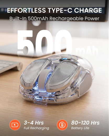 SEUNKWANG Q9 Transparent Wireless Mouse – RGB, Bluetooth & 2.4G, Rechargeable, Silver