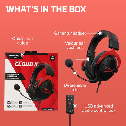 HyperX Cloud II Gaming Headset – 7.1 Surround Sound, Memory Foam, Red