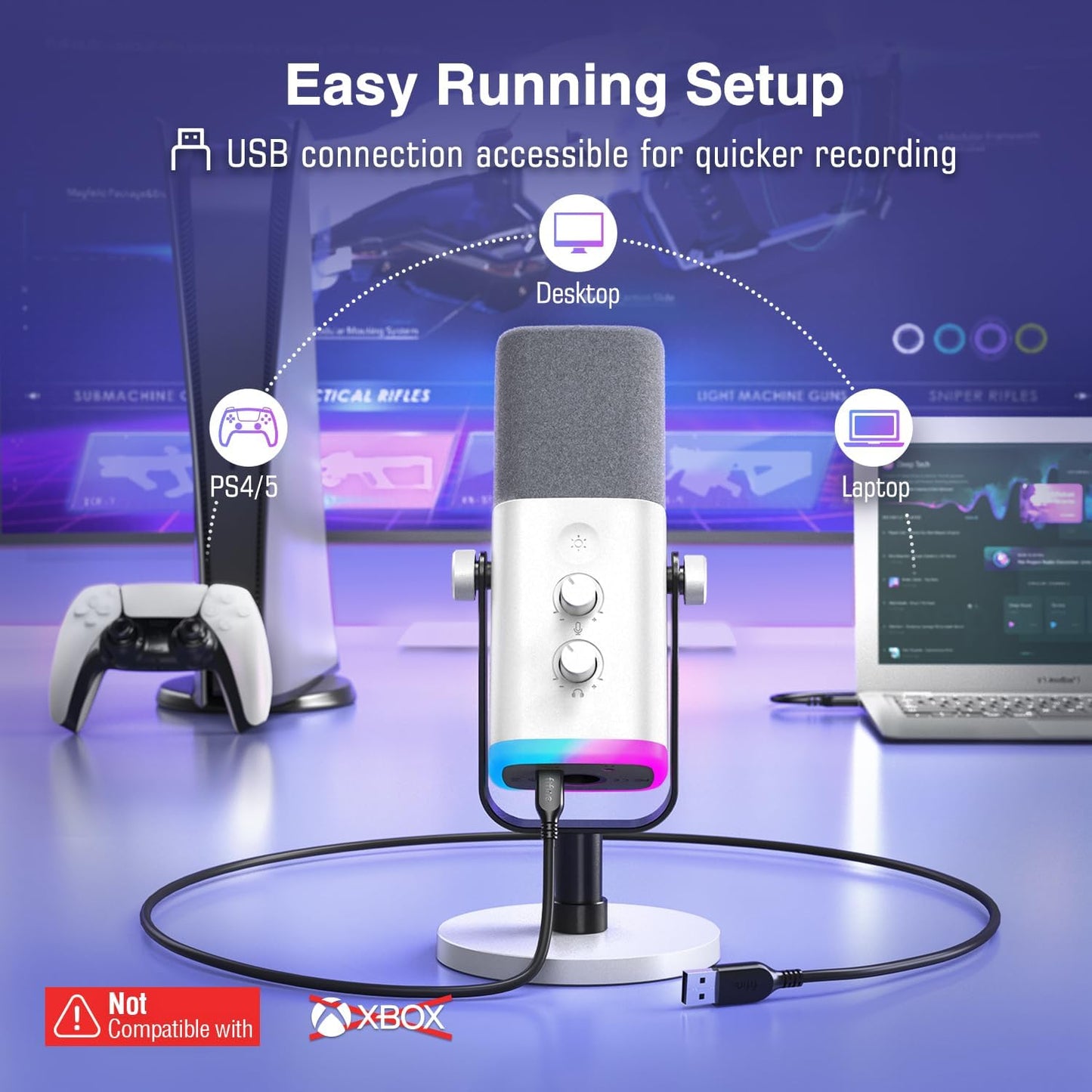 FIFINE AmpliGame AM8W Dynamic Gaming Microphone | XLR/USB, RGB, White