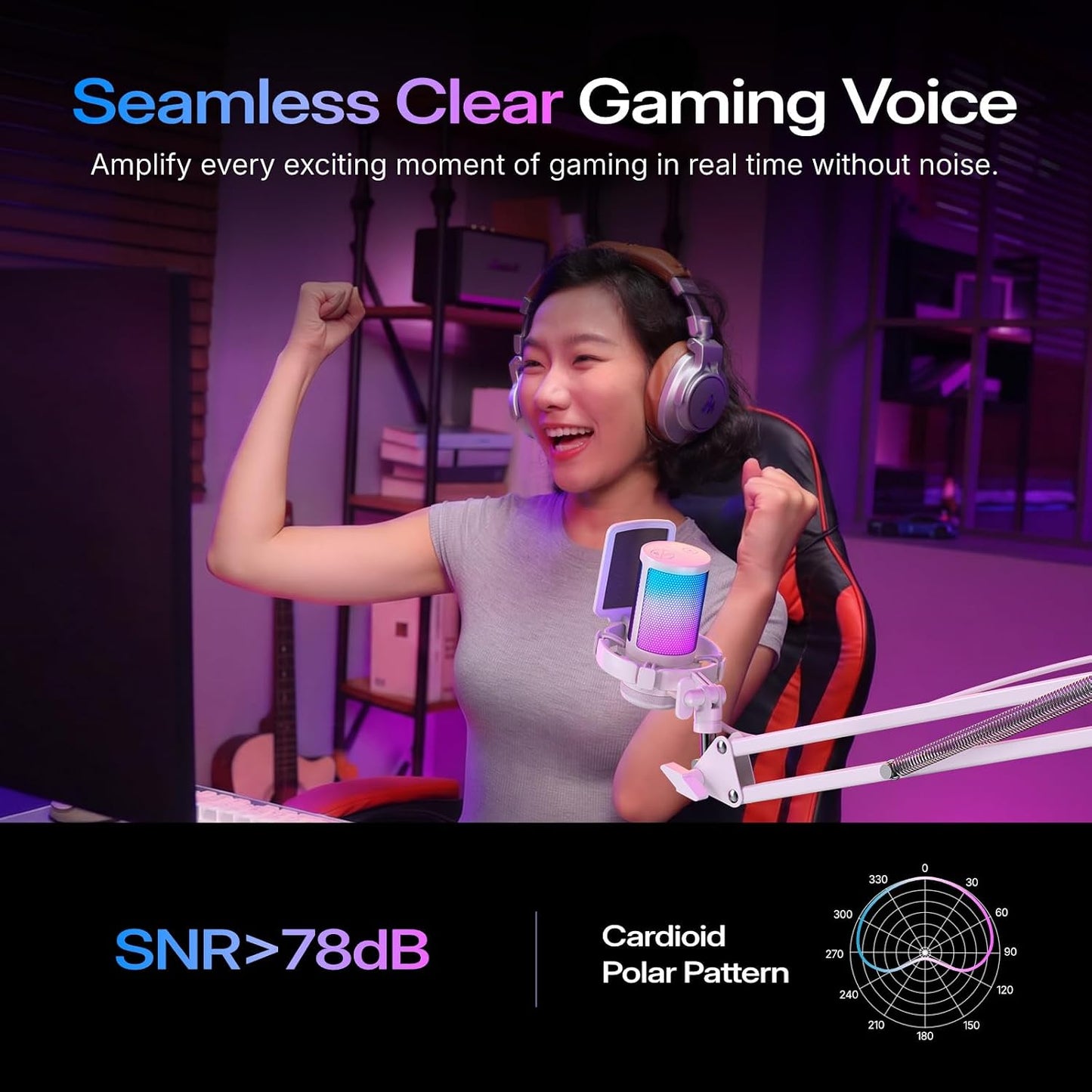 MAONO DGM20S USB Gaming Microphone, White | RGB, Noise Reduction, Boom Arm for PC