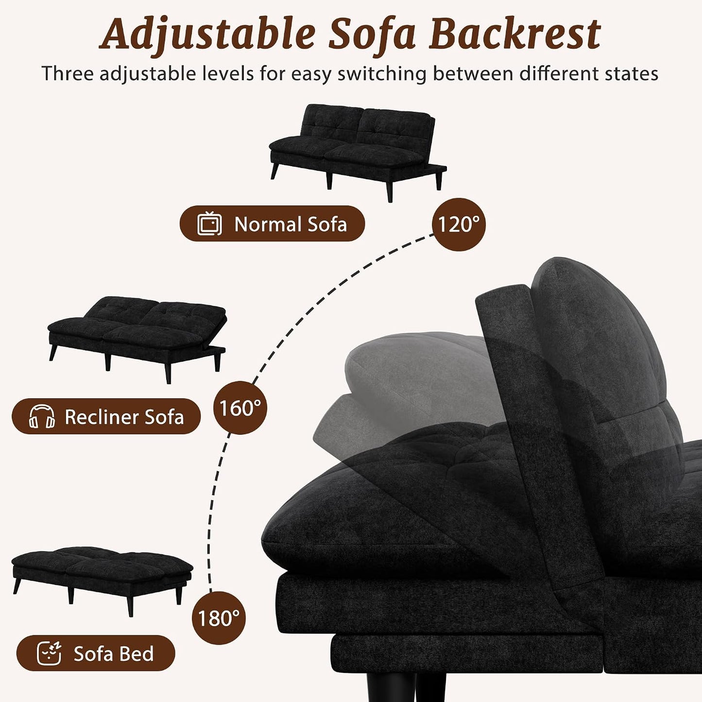 Shintenchi Velvet Futon Sofa Bed – Foldable 2-in-1 Sleeper Couch (Black)
