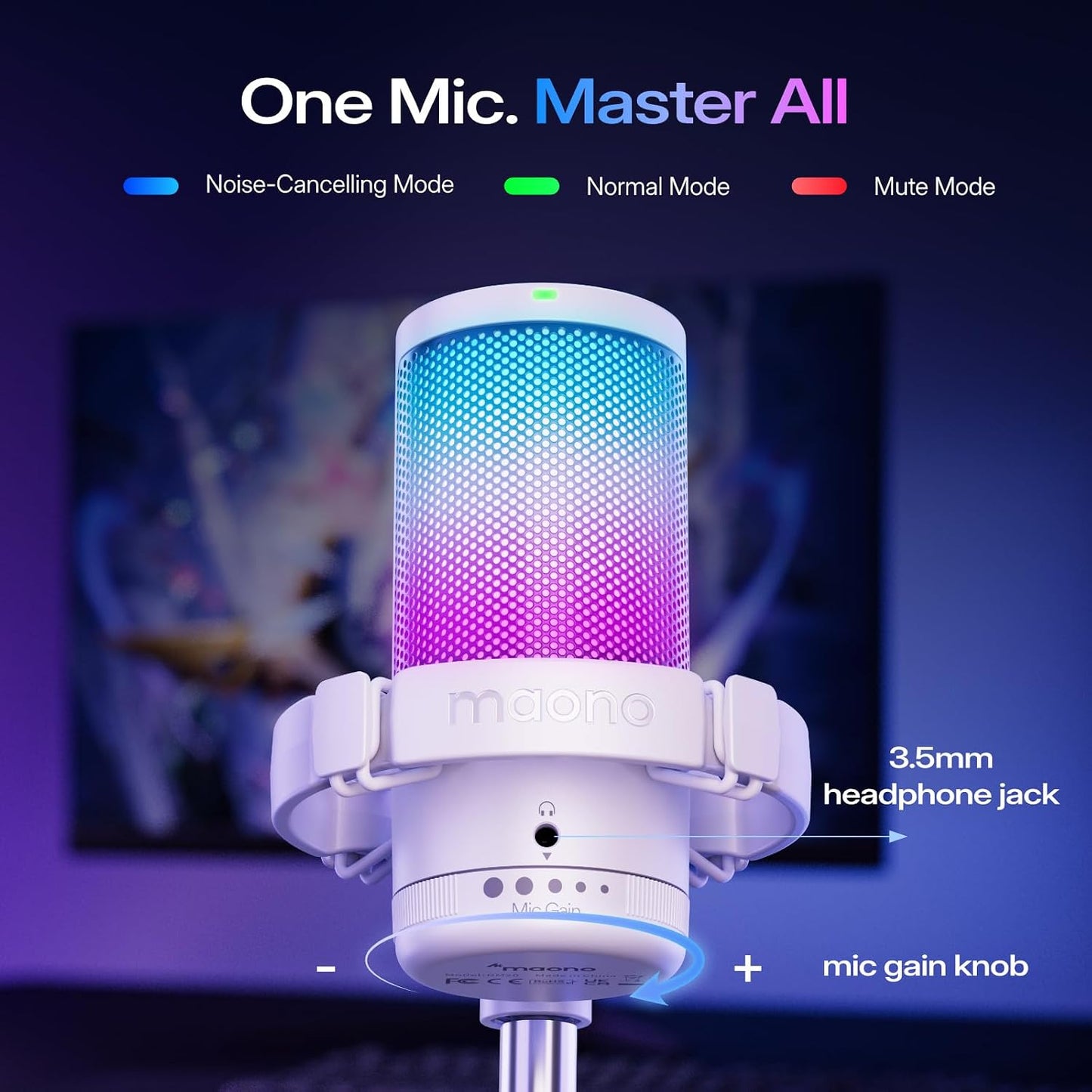 MAONO DGM20S USB Gaming Microphone, White | RGB, Noise Reduction, Boom Arm for PC
