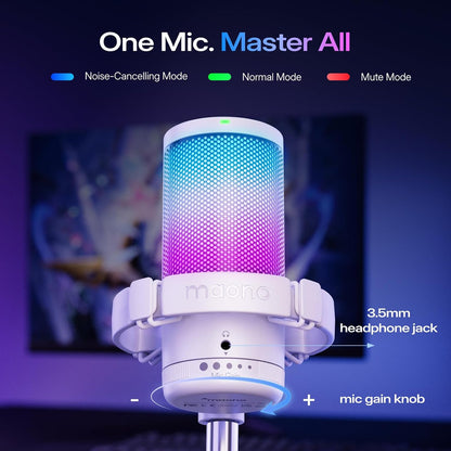 MAONO DGM20S USB Gaming Microphone, White | RGB, Noise Reduction, Boom Arm for PC