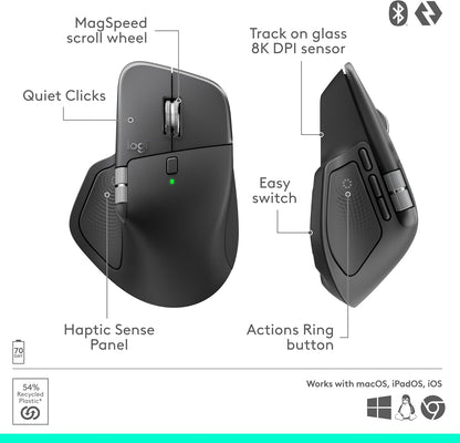Logitech MX Master 4 Ergonomic Wireless Mouse, Haptic Feedback, USB-C, Graphite