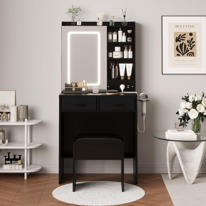 Black Makeup Vanity Desk with Lighted Mirror & Chair – Built-in Charging Station, Glass-Door RGB Storage Cabinet, 2 Drawers & Power Outlets