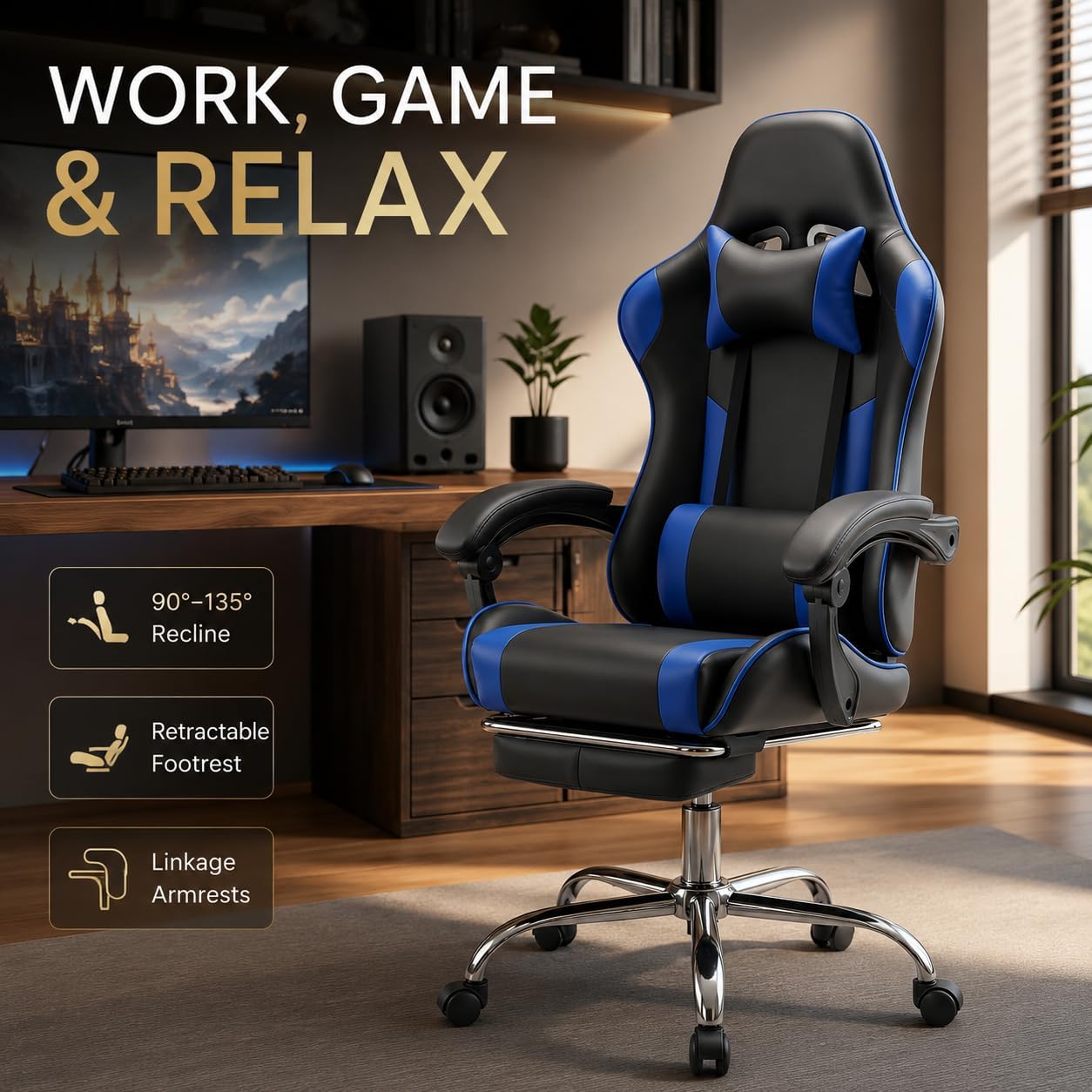 Ergonomic Gaming Chair with Footrest, Headrest & 360° Swivel, Adjustable Height