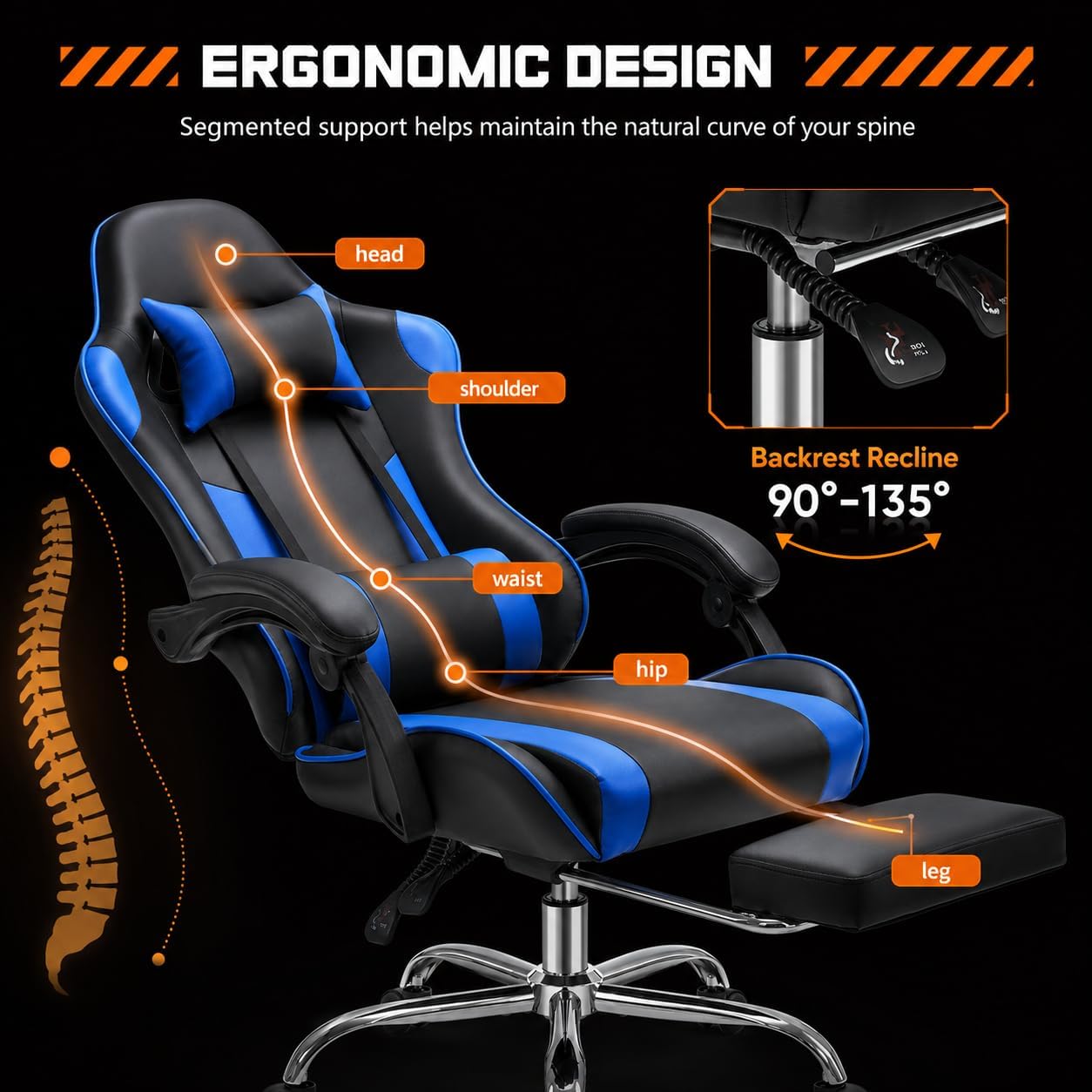 Ergonomic Gaming Chair with Footrest, Headrest & 360° Swivel, Adjustable Height