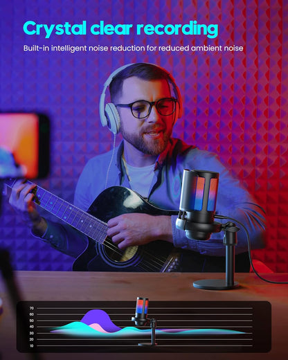 USB Gaming Microphone for PC & PS5, RGB Condenser Mic with Mute & Pop Filter