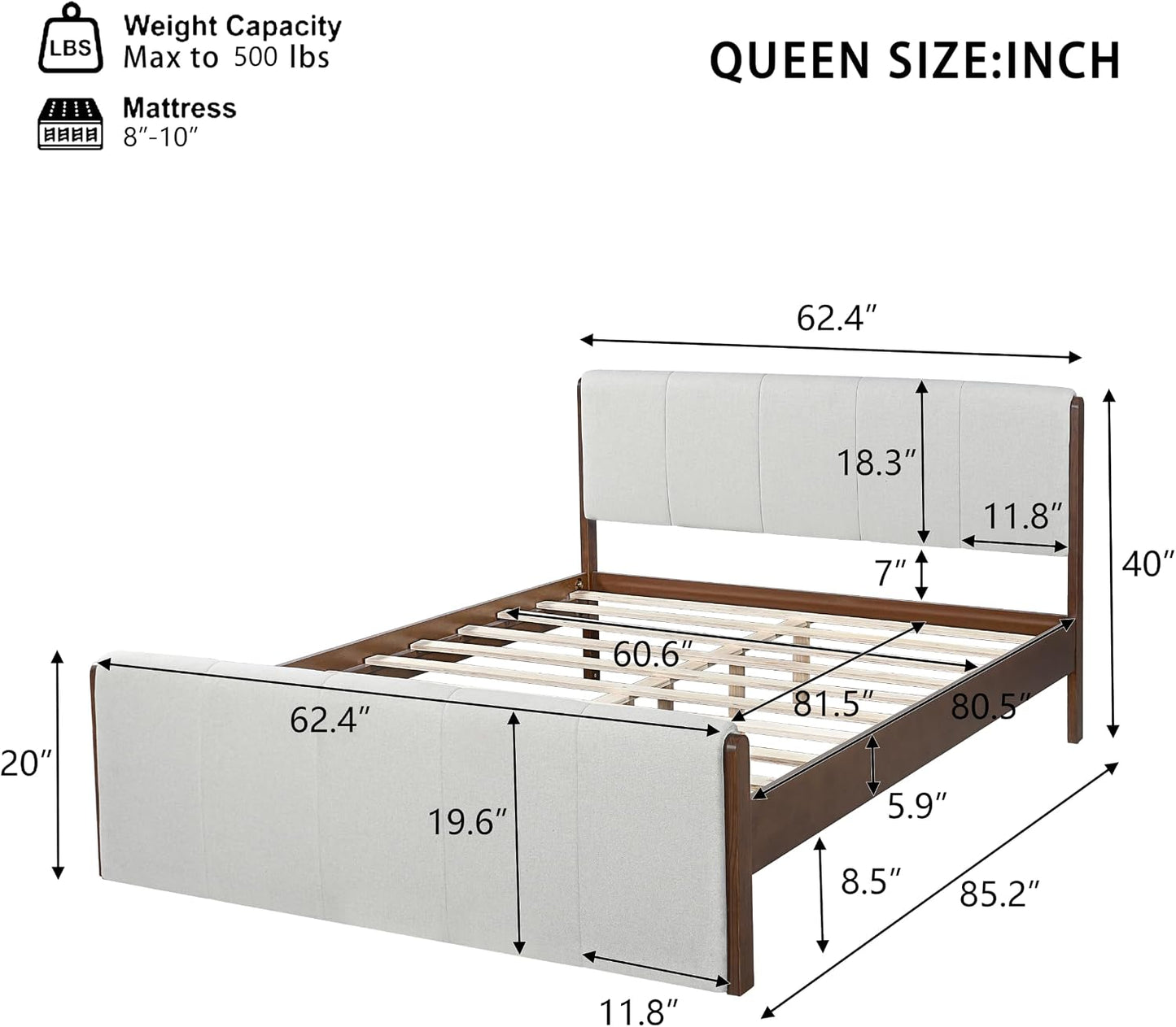 Christopher Knight Home Jayne Queen Wood Platform Bed – Upholstered Headboard & Footboard, Gray/Walnut