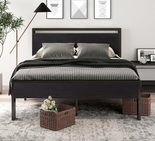 SHA CERLIN Full Size Metal Bed Frame with Wooden Headboard & Footboard – Black Oak, 12" Storage, Noise-Free
