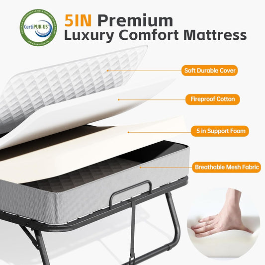 INTERGREAT Folding Guest Bed with Mattress – Portable Cot Bed, Space-Saving Design, 75" x 31"