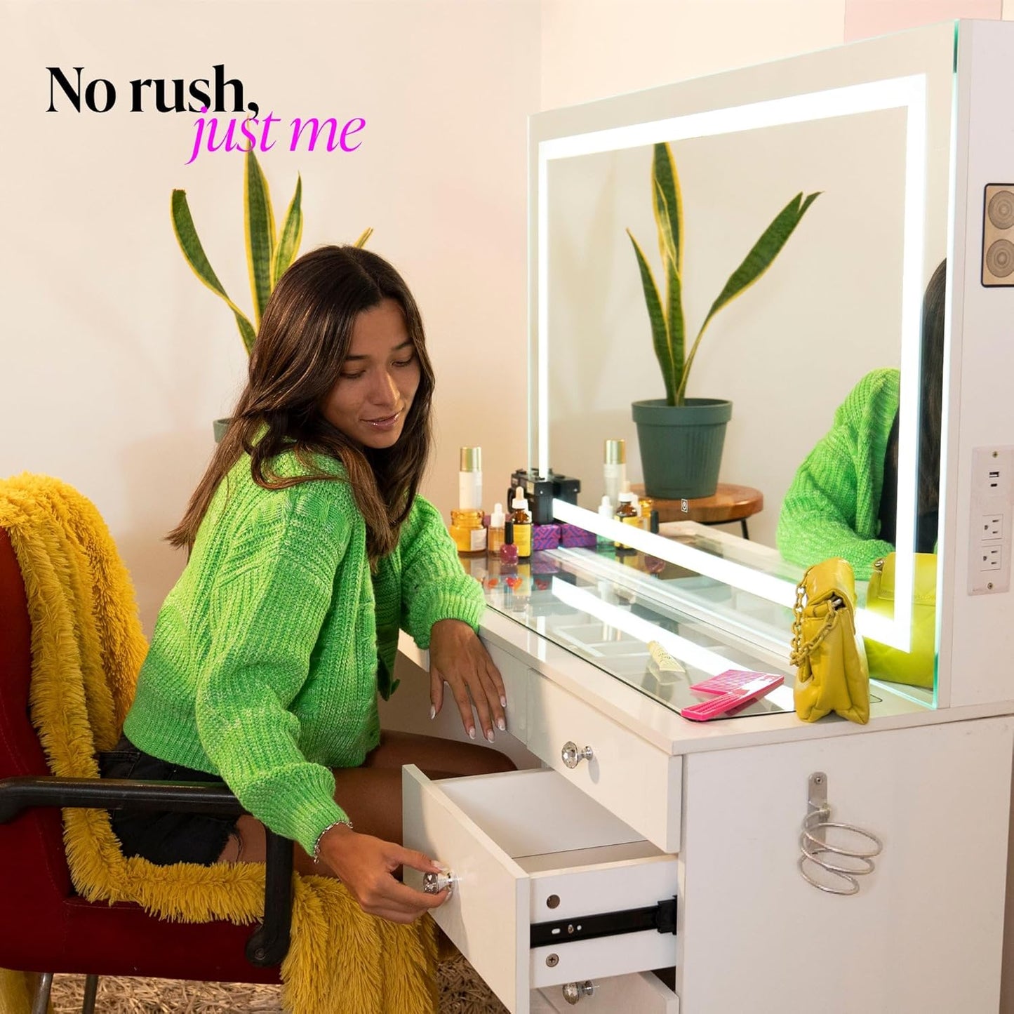 Boahaus Luna Large Makeup Vanity Desk with LED Lighted Mirror – 7 Storage Drawers & Built-in Power Outlets, White Dressing Table