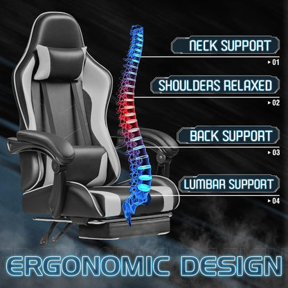 Homall Gaming Chair with Footrest, Massage Lumbar Support & Headrest, White