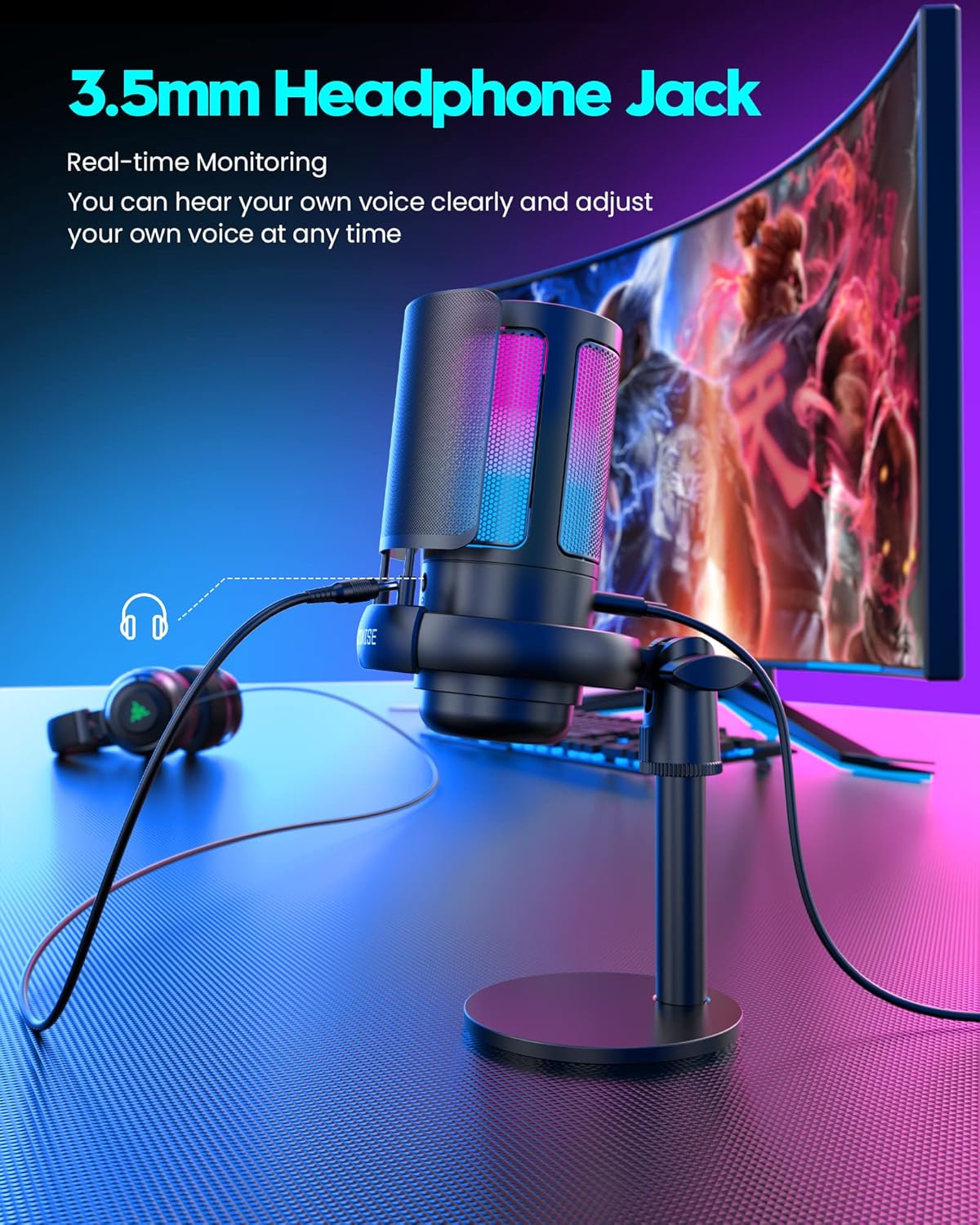 USB Gaming Microphone for PC & PS5, RGB Condenser Mic with Mute & Pop Filter