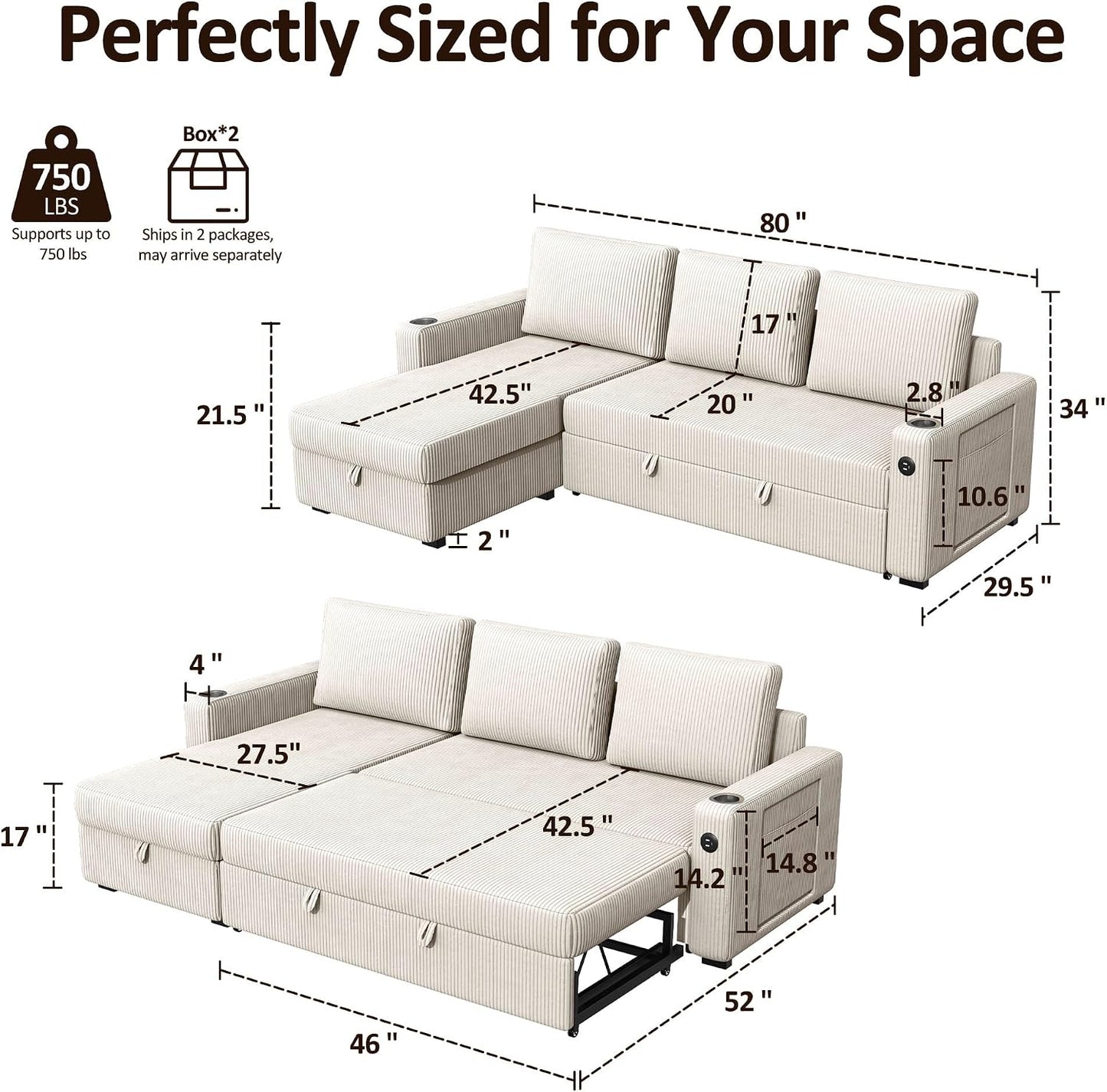 Ball & Cast® 80" L-Shaped Sleeper Sectional with Storage
