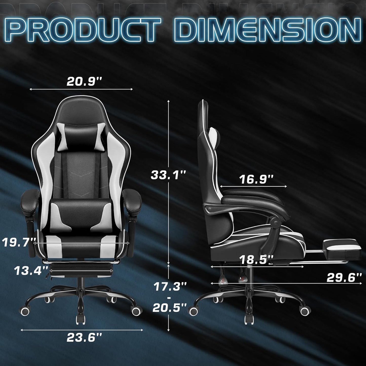 Homall Gaming Chair with Footrest, Massage Lumbar Support & Headrest, White