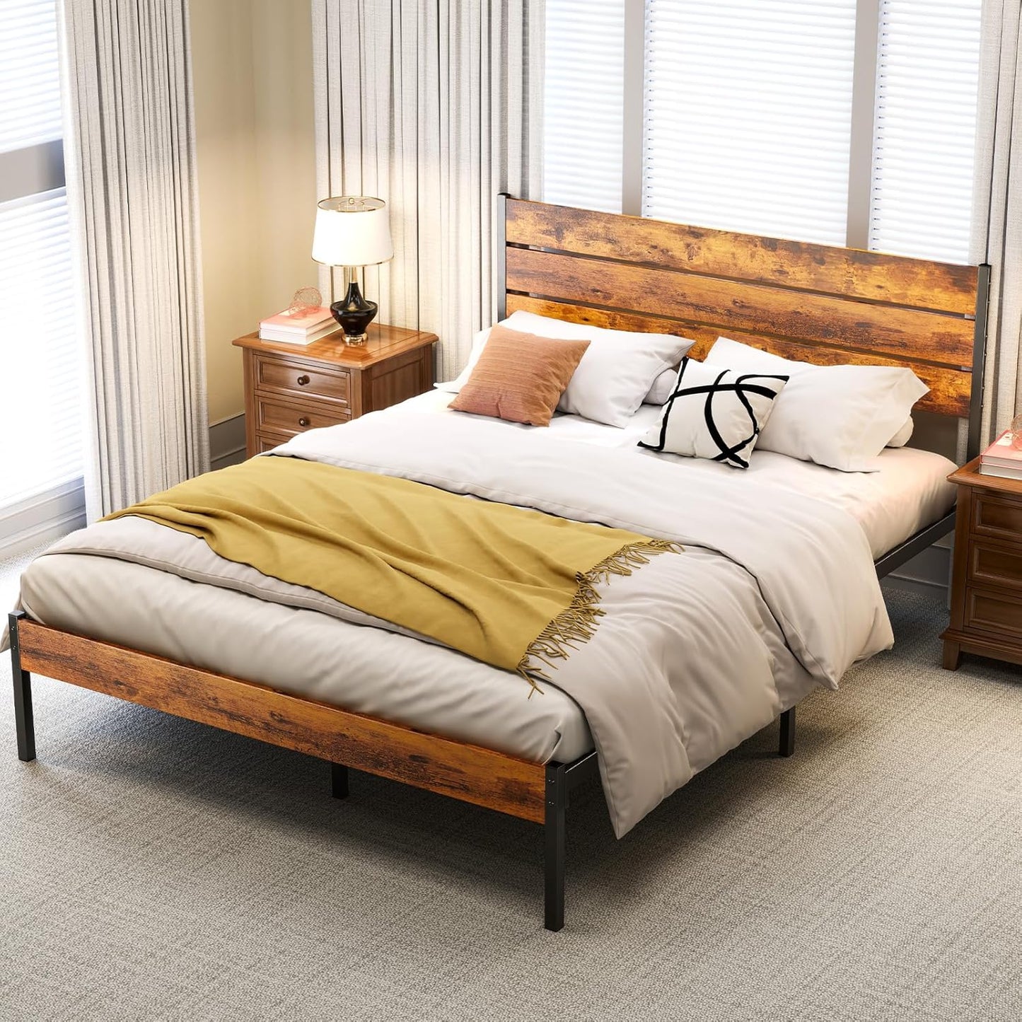 OLIXIS Full Size Bed Frame with Rustic Headboard – Metal Mattress Foundation, Under-Bed Storage, Rust Brown