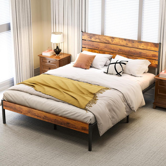 OLIXIS Full Size Bed Frame with Rustic Headboard – Metal Mattress Foundation, Under-Bed Storage, Rust Brown
