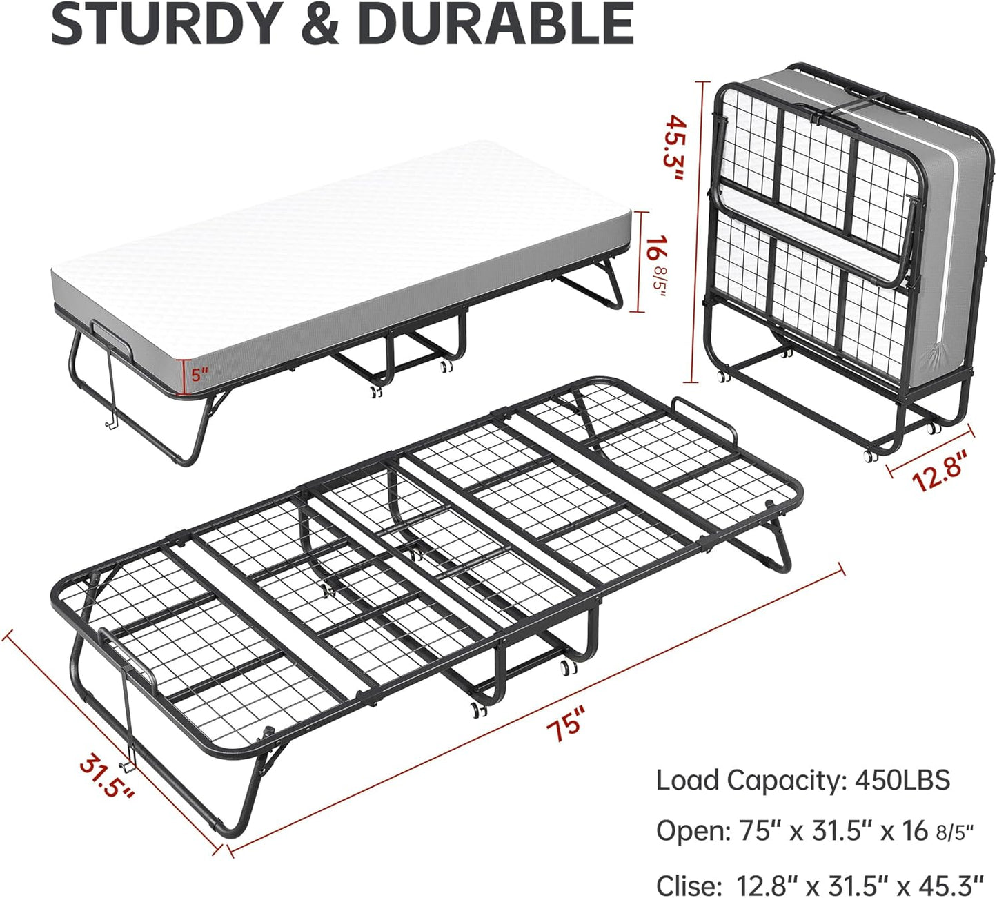 INTERGREAT Folding Guest Bed with Mattress – Portable Cot Bed, Space-Saving Design, 75" x 31"