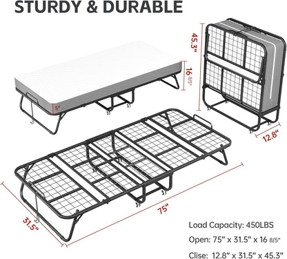 INTERGREAT Folding Guest Bed with Mattress – Portable Cot Bed, Space-Saving Design, 75" x 31"