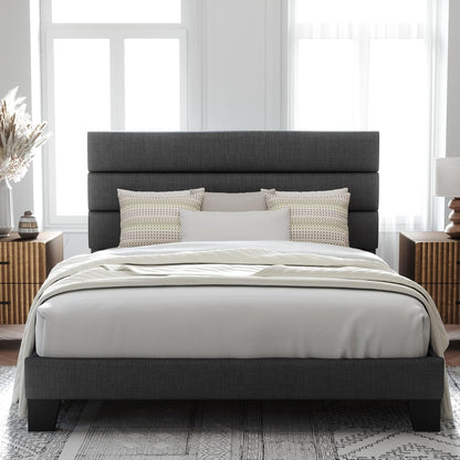 Allewie Modern Dark Grey Queen Upholstered Bed Frame with Wooden Slat Support