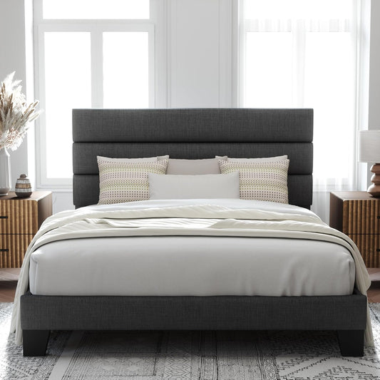 Allewie Modern Dark Grey Queen Upholstered Bed Frame with Wooden Slat Support
