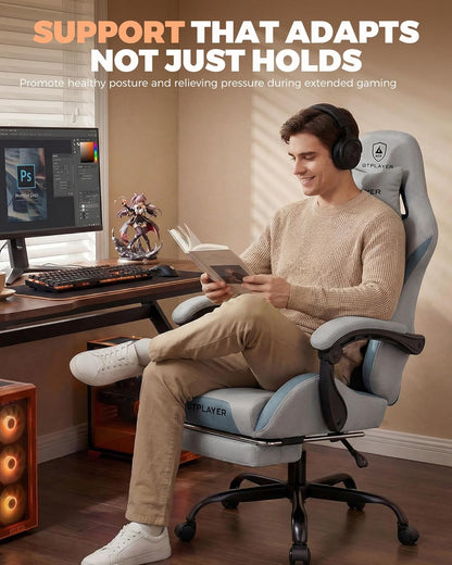 GTPLAYER Gaming Chair with Footrest, Pocket Spring Cushion & Lumbar Support, Mist Blue