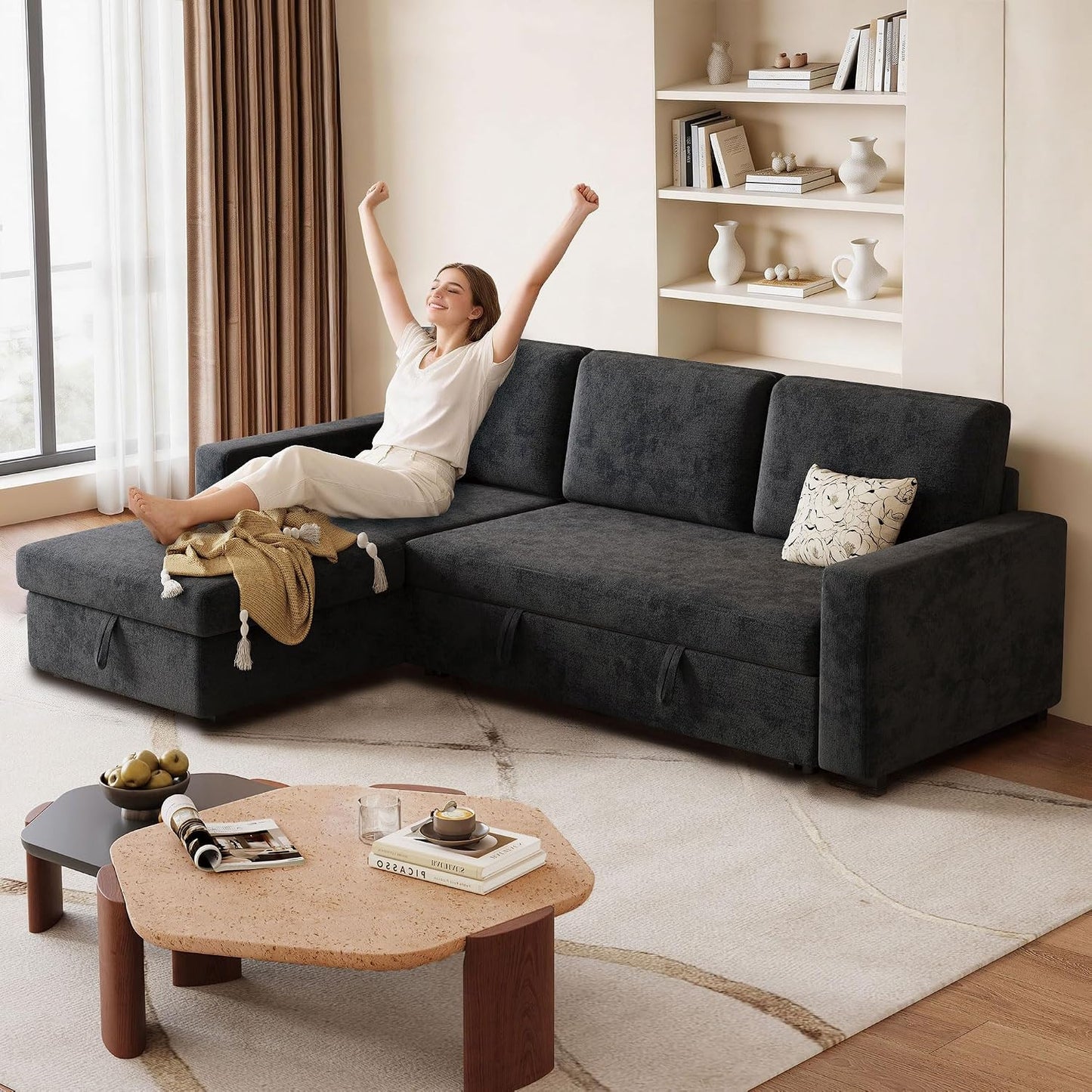 81" L-Shaped Convertible Sleeper Sofa: Pull-Out Bed & Hidden Storage Chaise (Dark Gray)