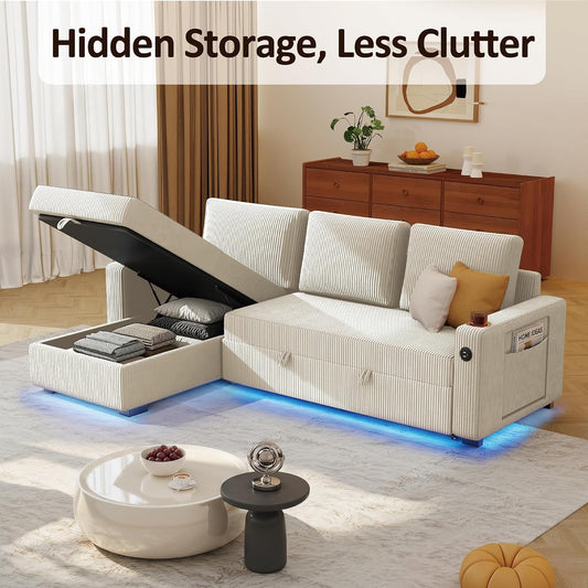 Ball & Cast 80" Sleeper Sectional Couch with Storage Chaise, Foldable Table & Integrated LED Lights