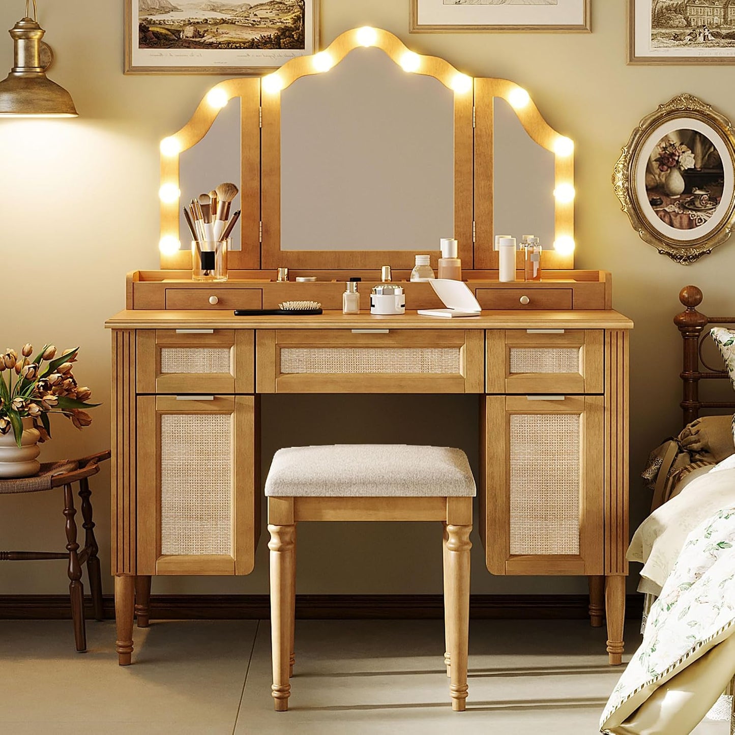 GDFStudio 44" Makeup Vanity Set with Tri-Fold Lighted Mirror & Stool – Natural Finish