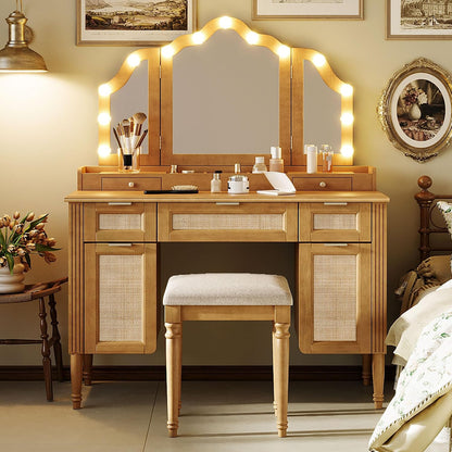 GDFStudio 44" Makeup Vanity Set with Tri-Fold Lighted Mirror & Stool – Natural Finish