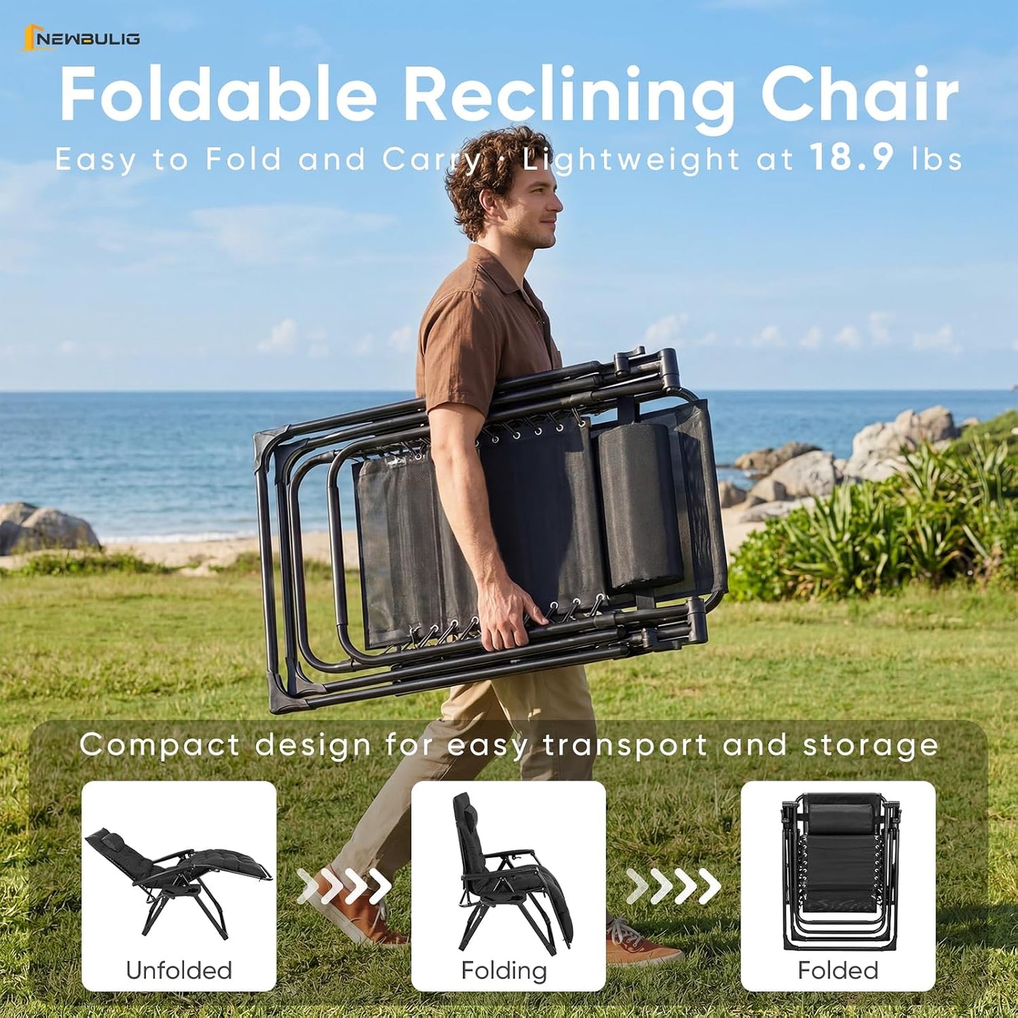 NEWBULIG Zero Gravity Recliner Chair with Cup Holder Tray & Removable Cushion – Black