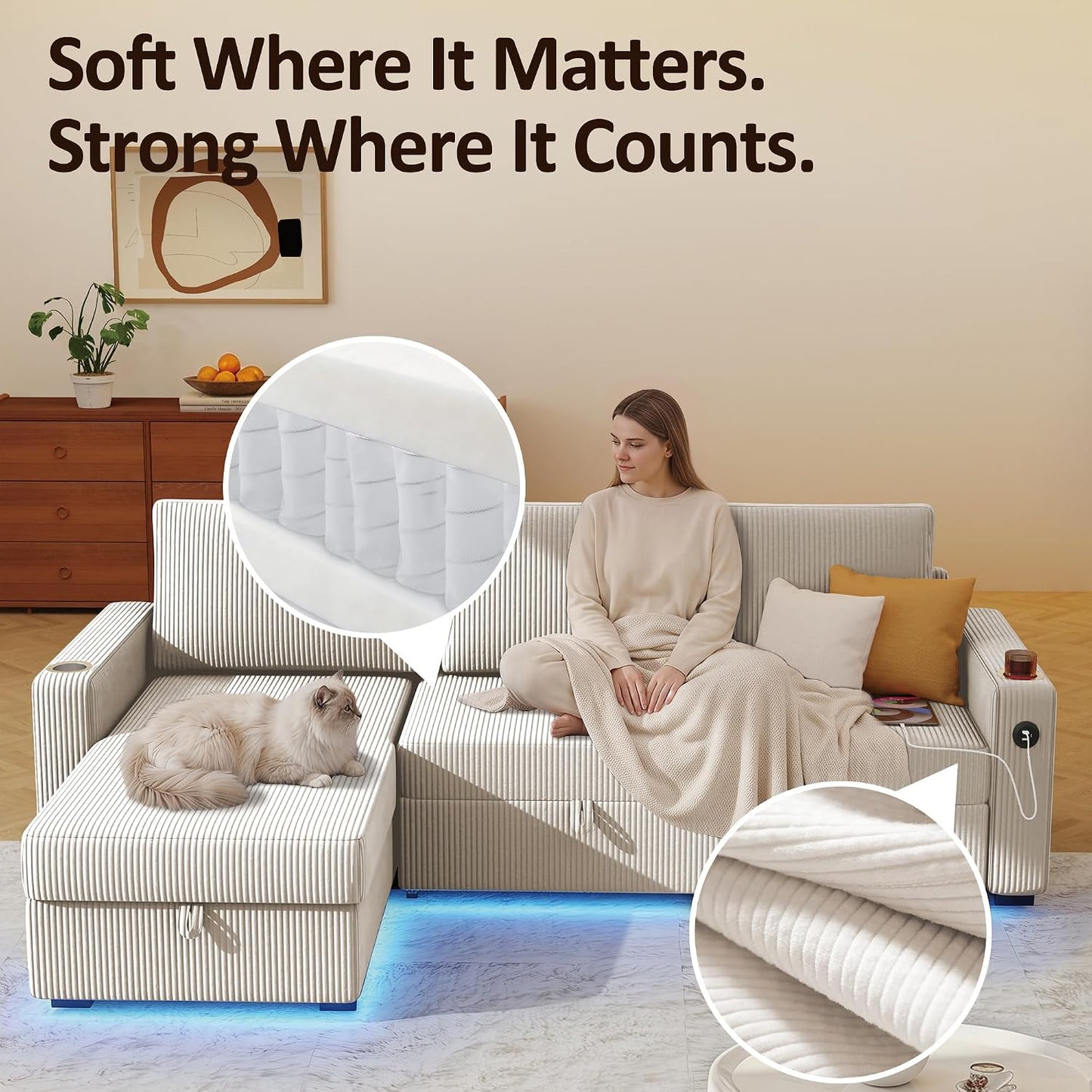 Ball & Cast 80" Sleeper Sectional Couch with Storage Chaise, Foldable Table & Integrated LED Lights