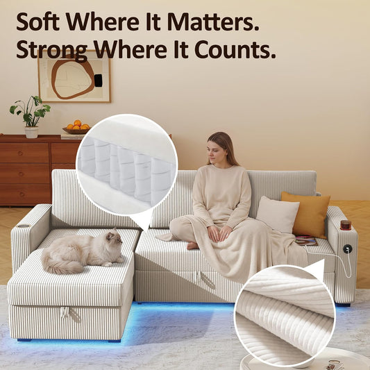 Ball & Cast 80" Sleeper Sectional Couch with Storage Chaise, Foldable Table & Integrated LED Lights