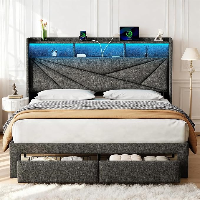 Queen Upholstered Bed Frame with Storage Drawers, USB Charging Station & LED Headboard