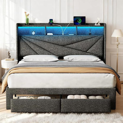 Queen Upholstered Bed Frame with Storage Drawers, USB Charging Station & LED Headboard