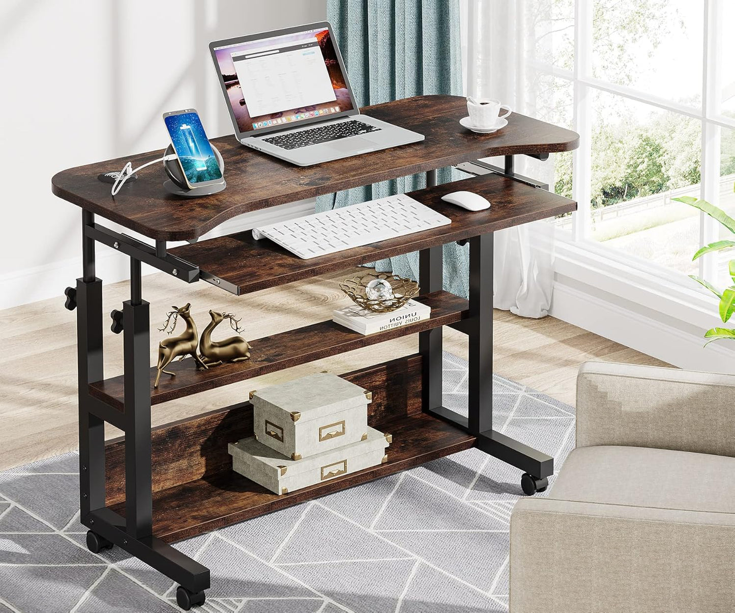 Tribesigns Mobile Standing Desk with Power Outlet & USB Charging – Adjustable Laptop Cart with Keyboard Tray