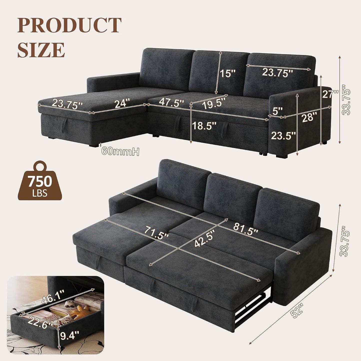 81" L-Shaped Convertible Sleeper Sofa: Pull-Out Bed & Hidden Storage Chaise (Dark Gray)