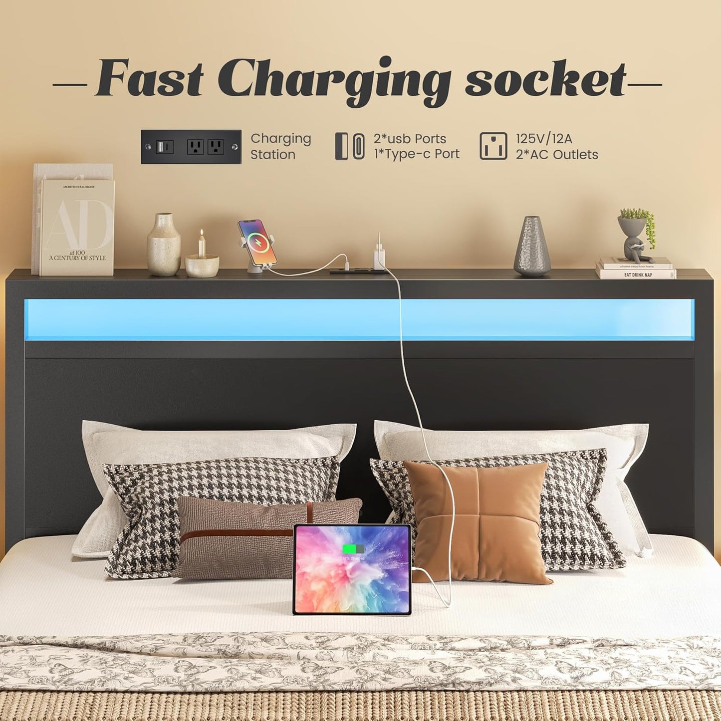 Fluest Queen Bed Frame with LED, Charging Station & Storage Shelf, Black