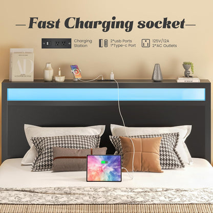 Fluest Queen Bed Frame with LED, Charging Station & Storage Shelf, Black