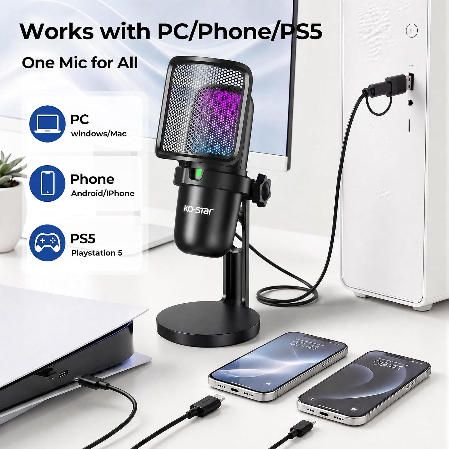 USB RGB Gaming Microphone | Condenser Mic for PC & PS5, Gain Knob, Headphone Jack