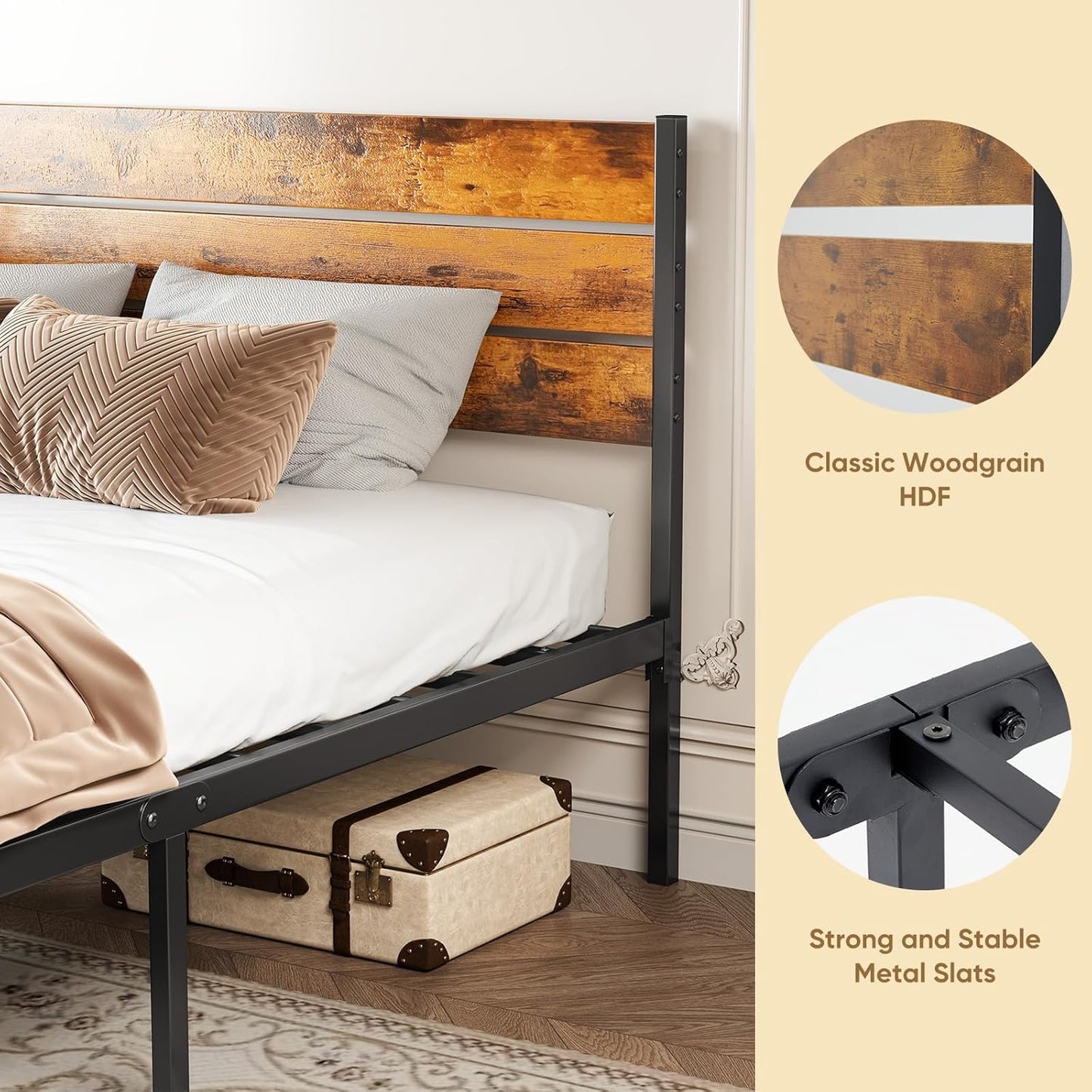 OLIXIS Full Size Bed Frame with Rustic Headboard – Metal Mattress Foundation, Under-Bed Storage, Rust Brown